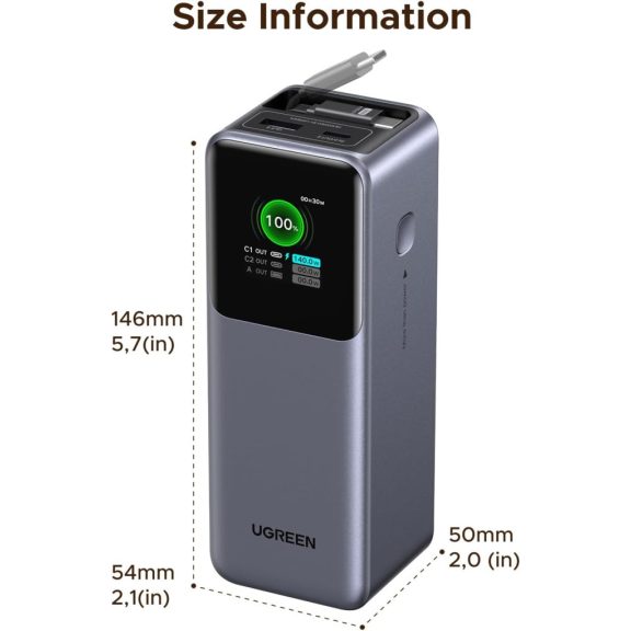 Ugreen PB726 Powerbank / külső akkumulátor, USB-A-2xUSB-C, 20000mAh, 165W, QC+PD, szürke
