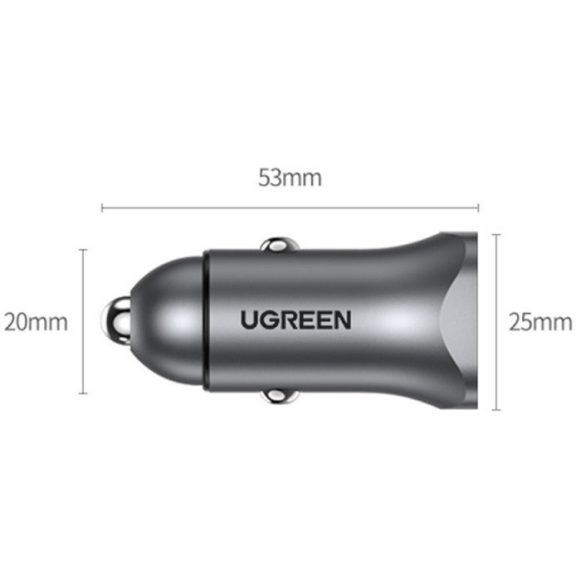 Ugreen CD130 USB-C-USB-A autós töltő, 3A, 30W, szürke
