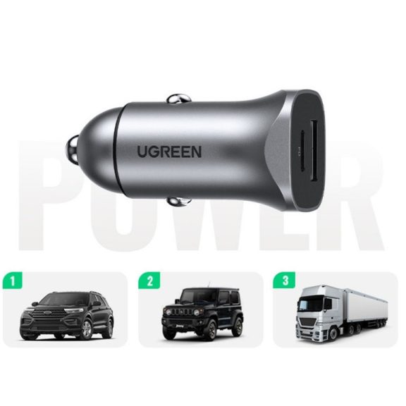 Ugreen CD130 USB-C-USB-A autós töltő, 3A, 30W, szürke