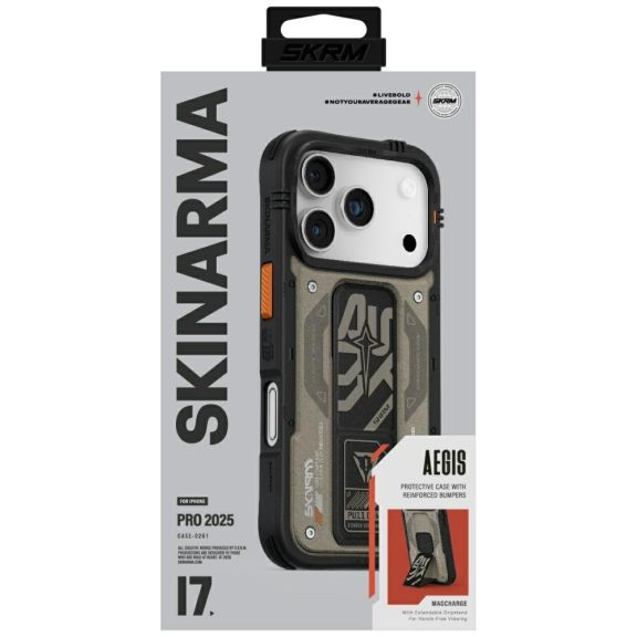 Skinarma Aegis Apple iPhone 17 Pro mágneses tok kitámasztóval, Magsafe kompatibilis, szürke