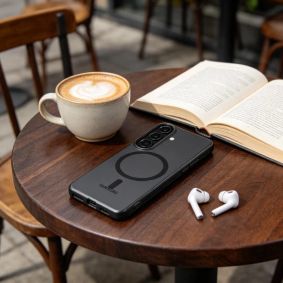 Tech-Protect MagSlim Samsung Galaxy S26 hátlap tok kitámasztóval, MagSafe, áttetsző-fekete