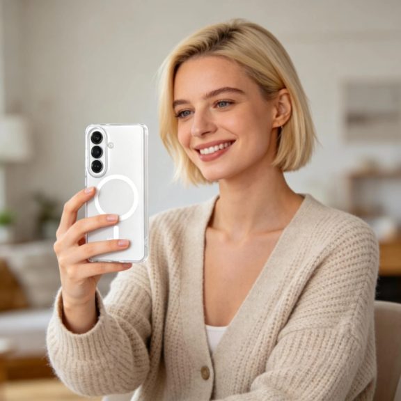 Tech-Protect MagSlim Samsung Galaxy S26 hátlap tok kitámasztóval, MagSafe, áttetsző-fehér