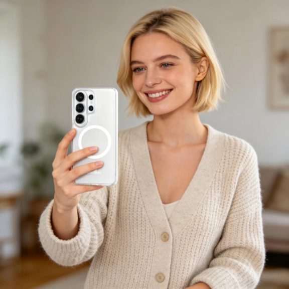 Tech-Protect MagSlim Samsung Galaxy S26 Ultra hátlap tok kitámasztóval, MagSafe, áttetsző-fehér