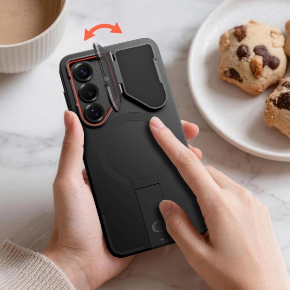 Tech-Protect Kevlar Aura Samsung Galaxy S26 tok kameravédelemmel, kitámasztóval, fekete-narancs