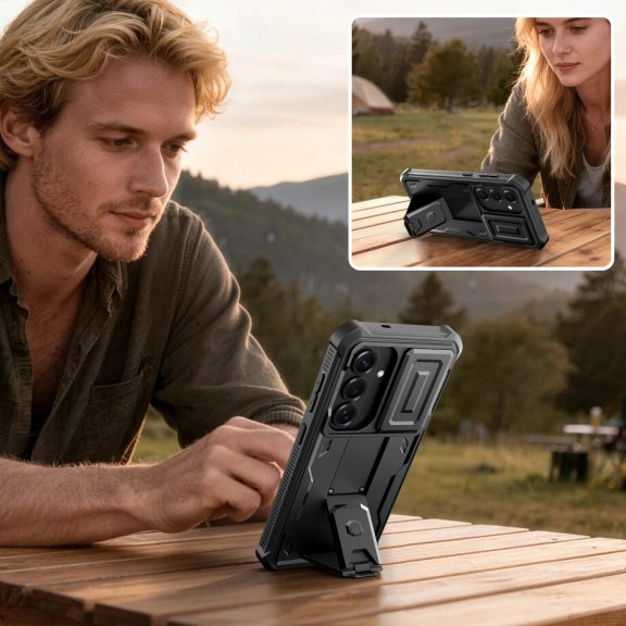 Tech-Protect Kevlar Cam+ Samsung Galaxy S26 tok kameravédelemmel, kitámasztóval, megerősített sarokkal, fekete