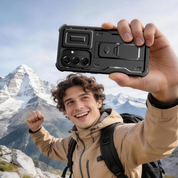 Tech-Protect Kevlar Cam+ Samsung Galaxy S25 FE tok kameravédelemmel, kitámasztóval, megerősített sarokkal, fekete