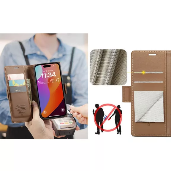 Samsung Galaxy A06 SM-A065F, Oldalra nyíló tok, stand, kártyatartóval, RFID technológiával, Wooze CaseME, barna