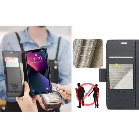 Samsung Galaxy A06 SM-A065F, Oldalra nyíló tok, stand, kártyatartóval, RFID technológiával, Wooze CaseME, fekete