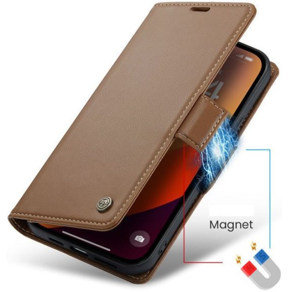 Xiaomi Redmi 13 4G / Note 13R / Poco M6 4G, Oldalra nyíló tok, stand, kártyatartóval, RFID technológiával, Wooze CaseME, barna