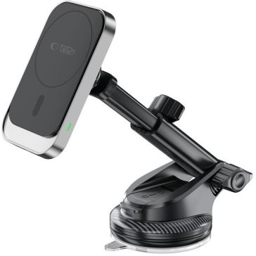   Autós tartó, univerzális, szélvédőre vagy szellőzőre vagy műszerfalra rögzíthető, 360°-ban forgatható, mágneses, Magsafe kompatibilis, Magsafe gyűrűvel, Qi vezeték nélküli töltővel, 15W, TP MM15W-V9 Magnetic Magsafe, fekete