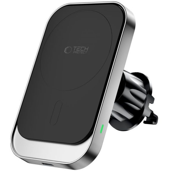 Autós tartó, univerzális, szélvédőre vagy szellőzőre vagy műszerfalra rögzíthető, 360°-ban forgatható, mágneses, Magsafe kompatibilis, Magsafe gyűrűvel, Qi vezeték nélküli töltővel, 15W, TP MM15W-V9 Magnetic Magsafe, fekete