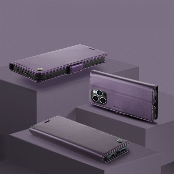 Apple iPhone 16e / 17e, Oldalra nyíló tok, stand, kártyatartóval, RFID technológiával, Wooze CaseME, lila