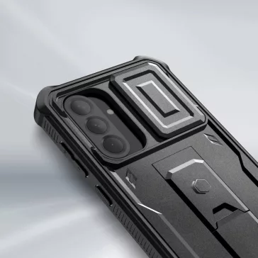   Samsung Galaxy A56 5G SM-A566B, Műanyag hátlap védőtok + képernyővédő, közepesen ütésálló, kitámasztóval,  kamera védelem, TP Kevlar Cam+, fekete