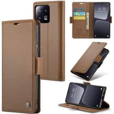   Apple iPhone 13 Pro Max, Oldalra nyíló tok, stand, kártyatartóval, RFID technológiával, Wooze CaseME, barna