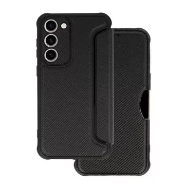   Samsung Galaxy A15 4G / A15 5G SM-A155F / A156B, Oldalra nyíló tok, légpárnás sarok, bőrhatású, karbon minta, Razor Book, fekete