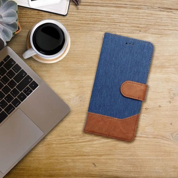 Apple iPhone Air (2025), Oldalra nyíló tok, stand, kártyatartóval, farmer minta, Jeans Book, kék