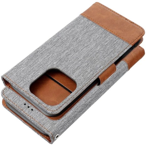 Apple iPhone Air (2025), Oldalra nyíló tok, stand, kártyatartóval, farmer minta, Jeans Book, szürke
