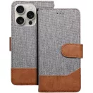 Apple iPhone 17 Pro Max, Oldalra nyíló tok, stand, kártyatartóval, farmer minta, Jeans Book, szürke