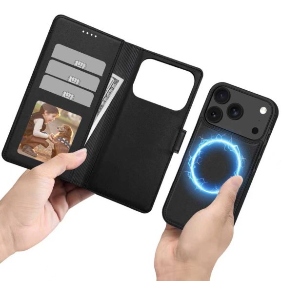 Apple iPhone 17 Pro Max, Oldalra nyíló tok, stand, mágnes csattal, kivehető tokkal, Magsafe töltővel kompatibilis, TP Wallett Magsafe, fekete