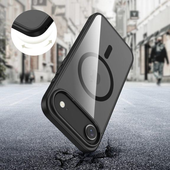 Apple iPhone Air (2025), Műanyag hátlap védőtok + szilikon keret, Magsafe töltővel kompatibilis, Magmat Magsafe, átlátszó/fekete