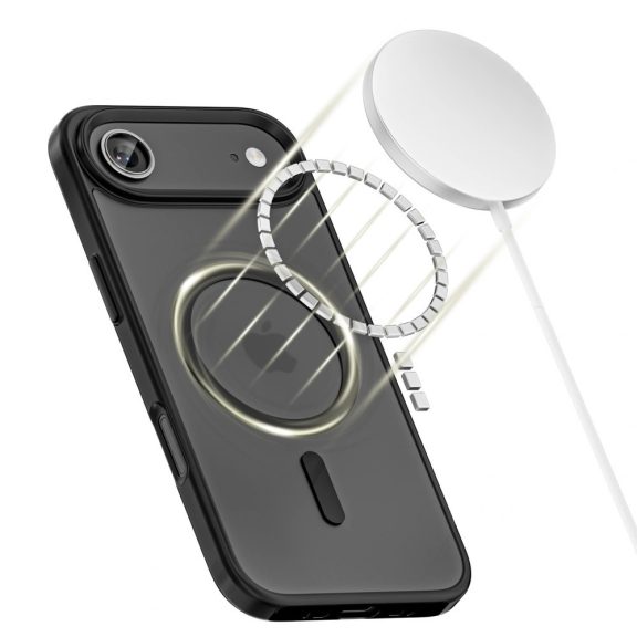 Apple iPhone Air (2025), Műanyag hátlap védőtok + szilikon keret, Magsafe töltővel kompatibilis, Magmat Magsafe, áttetsző/fekete