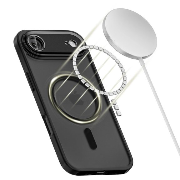 Apple iPhone Air (2025), Műanyag hátlap védőtok + szilikon keret, Magsafe töltővel kompatibilis, kameravédő kerettel, Magcam Magsafe, áttetsző/fekete