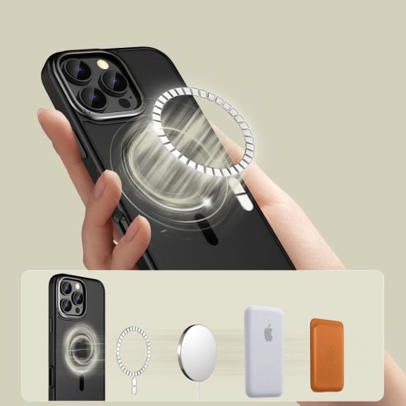 Apple iPhone 17 Pro, Műanyag hátlap védőtok + szilikon keret, Magsafe töltővel kompatibilis, Magedge Magsafe, áttetsző/fekete