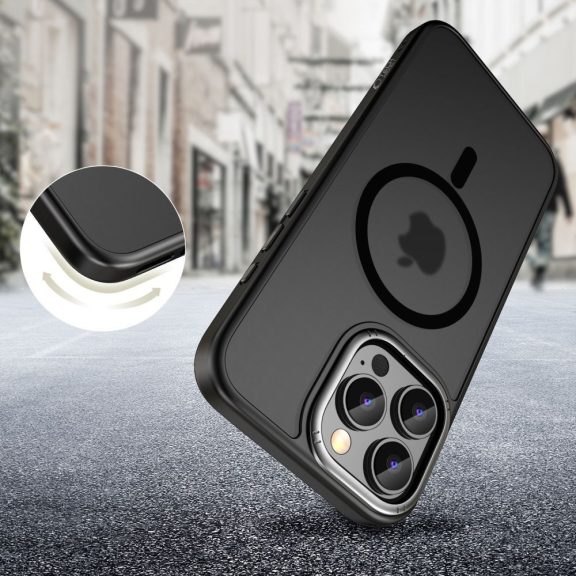 Apple iPhone Air (2025), Műanyag hátlap védőtok + szilikon keret, Magsafe töltővel kompatibilis, Magedge Magsafe, áttetsző/fekete