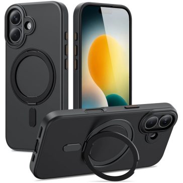   Apple iPhone 17, Műanyag hátlap védőtok + szilikon keret, kitámasztóval, ujjtámasz, Magsafe töltővel kompatibilis, Magring Magsafe, áttetsző/fekete