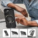 Apple iPhone 17 Pro Max, Műanyag hátlap védőtok + szilikon keret, kitámasztóval, ujjtámasz, Magsafe töltővel kompatibilis, Magring Magsafe, áttetsző/fekete