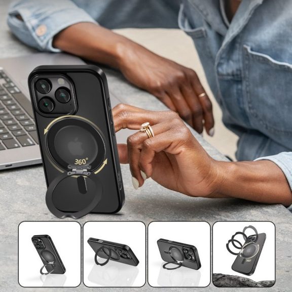 Apple iPhone 17 Pro Max, Műanyag hátlap védőtok + szilikon keret, kitámasztóval, ujjtámasz, Magsafe töltővel kompatibilis, Magring Magsafe, áttetsző/fekete