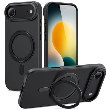   Apple iPhone Air (2025), Műanyag hátlap védőtok + szilikon keret, kitámasztóval, ujjtámasz, Magsafe töltővel kompatibilis, Magring Magsafe, áttetsző/fekete