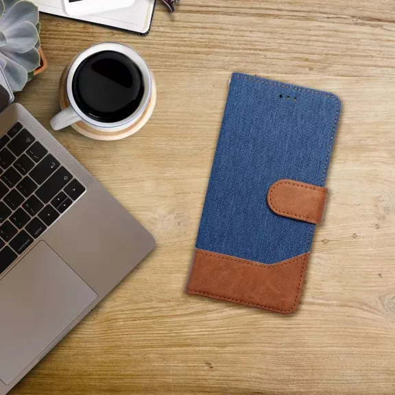 Samsung Galaxy A17 4G / A17 5G SM-A175F / A176B, Oldalra nyíló tok, stand, kártyatartóval, farmer minta, Jeans Book, kék