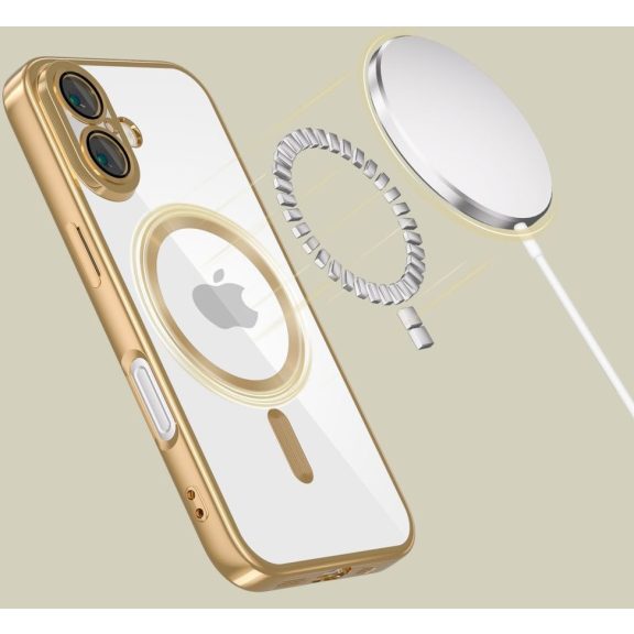 Apple iPhone 16e / 17e, Műanyag hátlap védőtok + szilikon keret, közepesen ütésálló, Magsafe töltővel kompatibilis, fényes keret, Magflex Magsafe, átlátszó/arany