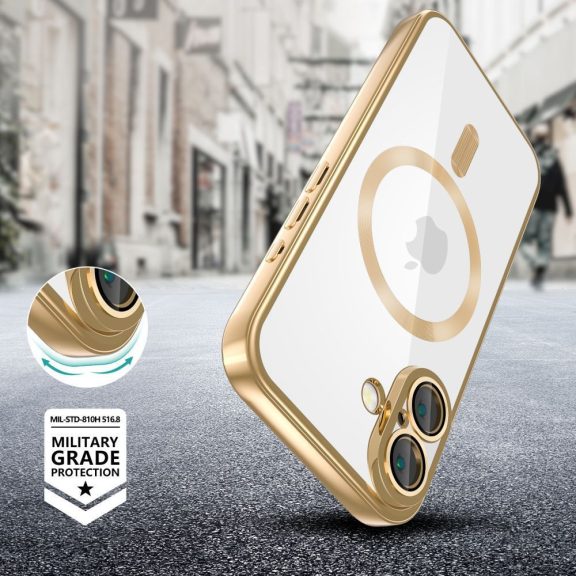 Apple iPhone 16e / 17e, Műanyag hátlap védőtok + szilikon keret, közepesen ütésálló, Magsafe töltővel kompatibilis, fényes keret, Magflex Magsafe, átlátszó/arany