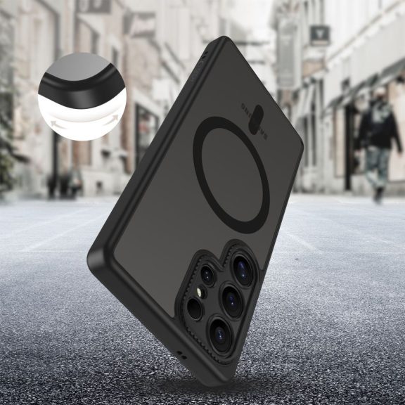 Samsung Galaxy S25 Ultra SM-S938, Műanyag hátlap védőtok + szilikon keret, Magsafe töltővel kompatibilis, kameravédő kerettel, Magcam Magsafe, áttetsző/fekete
