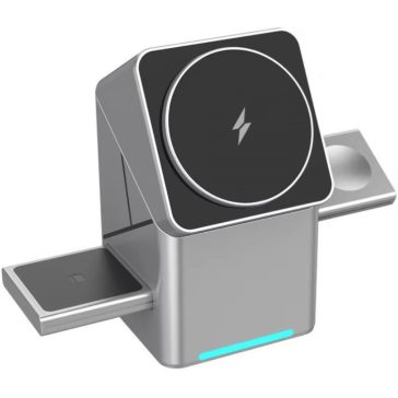   Univerzális vezeték nélküli töltő állomás 3in1, Qi Wireless, 15W, asztali tartó, mágneses, forgatható, Magsafe kompatibilis eszközökhöz, Geometric Charger, ezüst