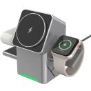 Univerzális vezeték nélküli töltő állomás 3in1, Qi Wireless, 15W, asztali tartó, mágneses, forgatható, Magsafe kompatibilis eszközökhöz, Geometric Charger, ezüst