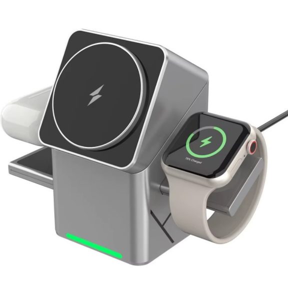 Univerzális vezeték nélküli töltő állomás 3in1, Qi Wireless, 15W, asztali tartó, mágneses, forgatható, Magsafe kompatibilis eszközökhöz, Geometric Charger, ezüst