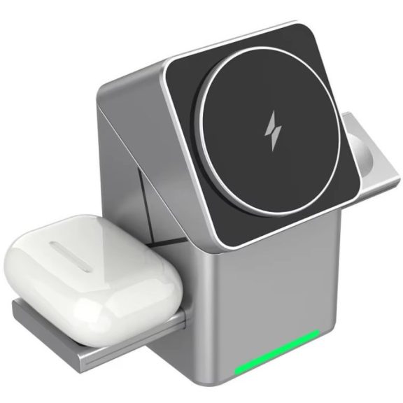 Univerzális vezeték nélküli töltő állomás 3in1, Qi Wireless, 15W, asztali tartó, mágneses, forgatható, Magsafe kompatibilis eszközökhöz, Geometric Charger, ezüst
