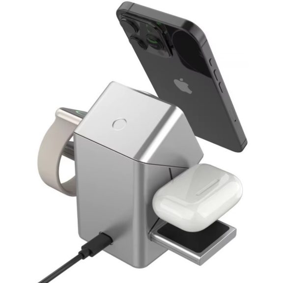 Univerzális vezeték nélküli töltő állomás 3in1, Qi Wireless, 15W, asztali tartó, mágneses, forgatható, Magsafe kompatibilis eszközökhöz, Geometric Charger, ezüst