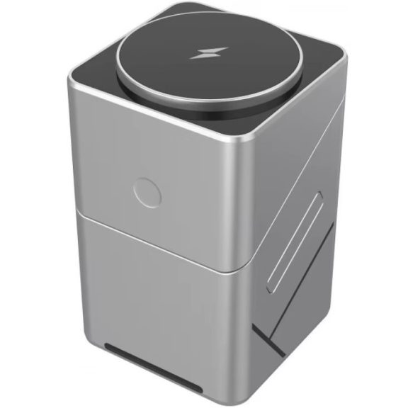 Univerzális vezeték nélküli töltő állomás 3in1, Qi Wireless, 15W, asztali tartó, mágneses, forgatható, Magsafe kompatibilis eszközökhöz, Geometric Charger, ezüst