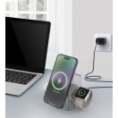 Univerzális vezeték nélküli töltő állomás 3in1, Qi Wireless, 15W, asztali tartó, mágneses, forgatható, Magsafe kompatibilis eszközökhöz, Geometric Charger, ezüst