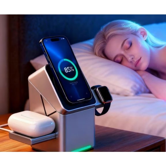 Univerzális vezeték nélküli töltő állomás 3in1, Qi Wireless, 15W, asztali tartó, mágneses, forgatható, Magsafe kompatibilis eszközökhöz, Geometric Charger, ezüst