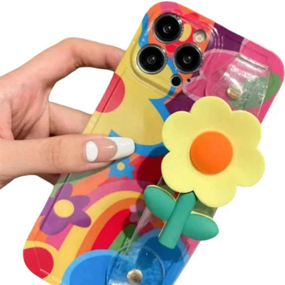 Apple iPhone 15 Pro, Szilikon tok, kézpánttal, virág minta, Flower Case, mintás