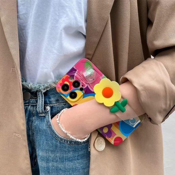 Apple iPhone 16 Pro, Szilikon tok, kézpánttal, virág minta, Flower Case, mintás