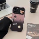 Apple iPhone 12, Szilikon tok, színátmenetes, 3D maci, kávé, smile minta, Teddy Bear Coffee Case, rózsaszín/fekete