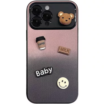   Apple iPhone 15 Pro, Szilikon tok, színátmenetes, 3D maci, kávé, smile minta, Teddy Bear Coffee Case, rózsaszín/fekete