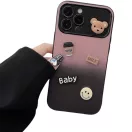 Apple iPhone 15 Pro, Szilikon tok, színátmenetes, 3D maci, kávé, smile minta, Teddy Bear Coffee Case, rózsaszín/fekete