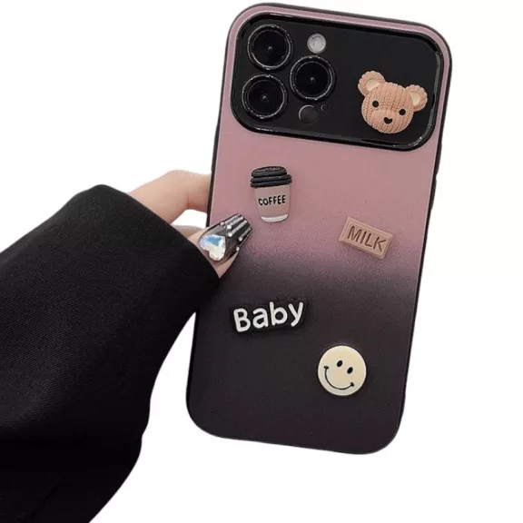 Apple iPhone 15 Pro, Szilikon tok, színátmenetes, 3D maci, kávé, smile minta, Teddy Bear Coffee Case, rózsaszín/fekete